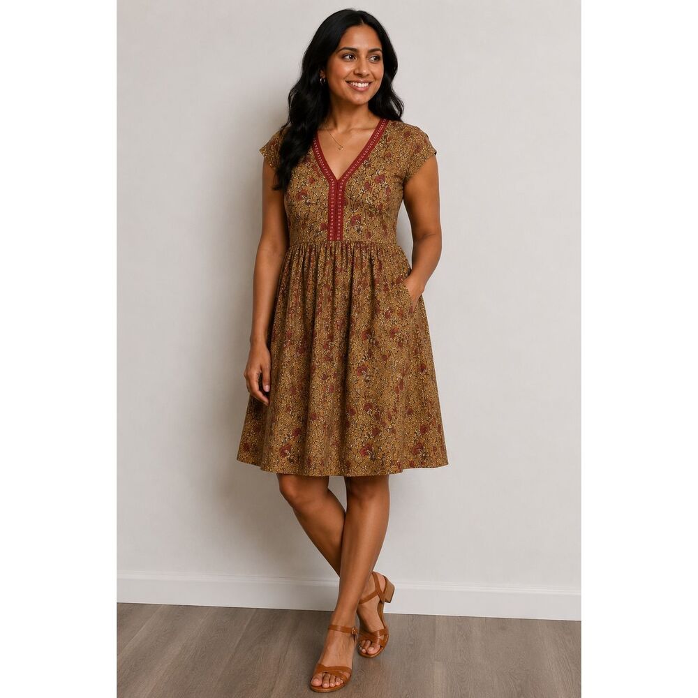 Mata Traders Jada 100% Cotton Boho Indie Knee Length V-neck Dress Large #785